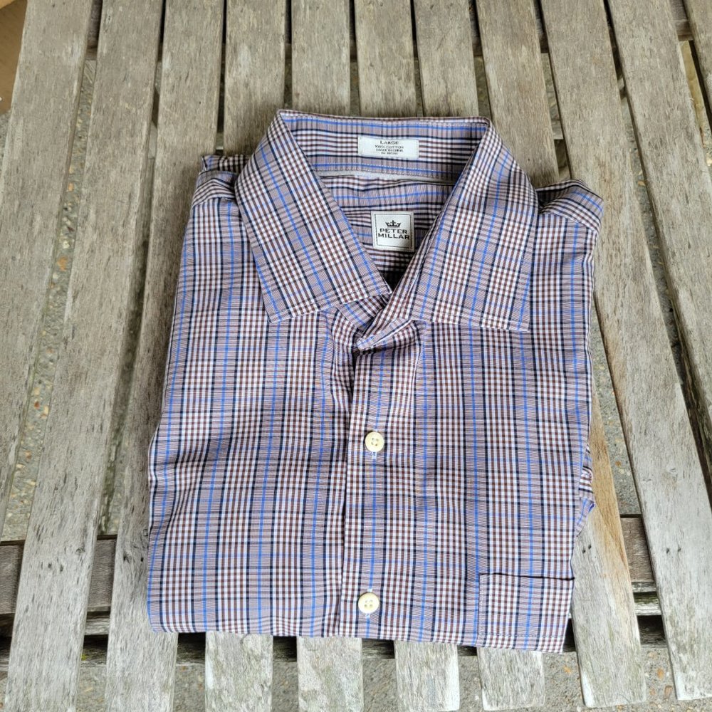 PETER MILLAR Brown Blue White Plaid Shirt Cotton Large L